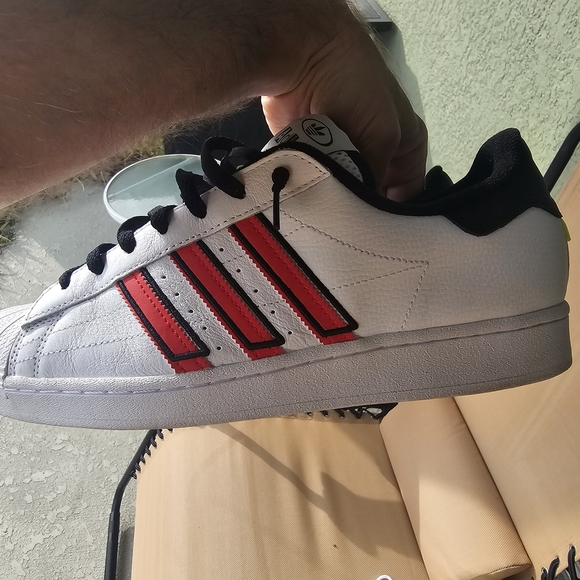 Size 11 - Adidas Superstar White with Vivid Red and Solar Yellow - Picture 2 of 6